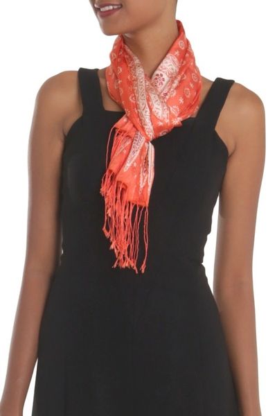 Alternate image for Batik Silk Shawl with Truntum Motifs in Tangerine from Bali Truntum Majesty