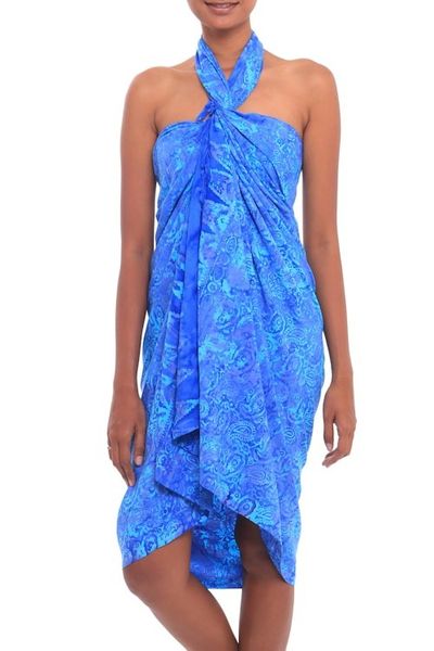 Alternate image for Paisley Motif Batik Rayon Sarong in Blue from Bali Oceanic Paisleys