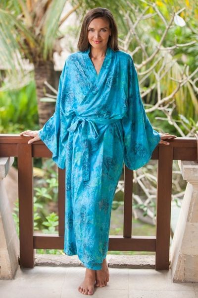 Alternate image for Blue and Green Rayon Morning Garden Batik Long Sleeved Robe Daylight Eden
