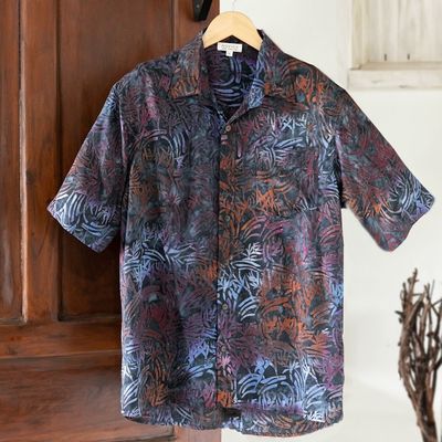 Alternate image for Mens Handcrafted Rayon Shirt with Burgundy Batik Pattern Burgundy Leaves
