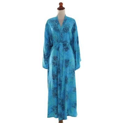 Alternate image for Blue and Green Rayon Morning Garden Batik Long Sleeved Robe Daylight Eden