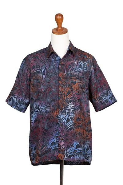 Alternate image for Mens Handcrafted Rayon Shirt with Burgundy Batik Pattern Burgundy Leaves