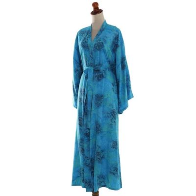 Alternate image for Blue and Green Rayon Morning Garden Batik Long Sleeved Robe Daylight Eden