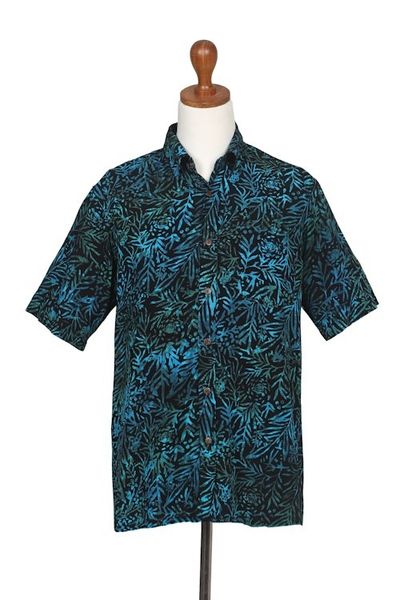 Alternate image for Mens Rayon Shirt with Leafy Batik Print in Green and Blue Night Jungle