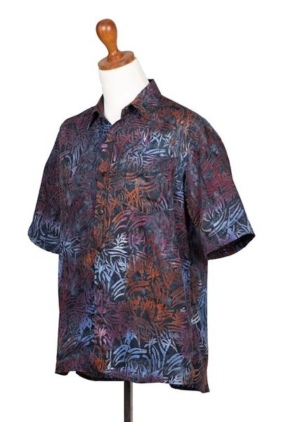 Alternate image for Mens Handcrafted Rayon Shirt with Burgundy Batik Pattern Burgundy Leaves