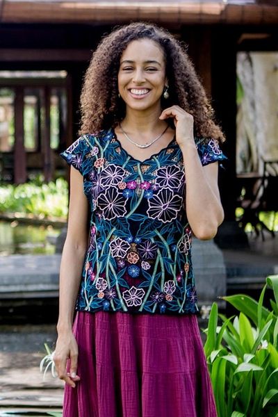 Alternate image for Floral Embroidered Rayon Blouse from Bali Lovely Garden
