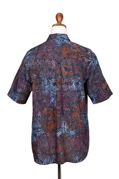 Alternate image for Mens Handcrafted Rayon Shirt with Burgundy Batik Pattern Burgundy Leaves