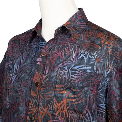 Alternate image for Mens Handcrafted Rayon Shirt with Burgundy Batik Pattern Burgundy Leaves