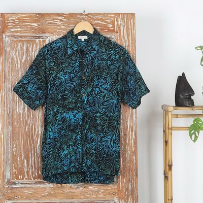 Alternate image for Mens Rayon Shirt with Leafy Batik Print in Green and Blue Night Jungle