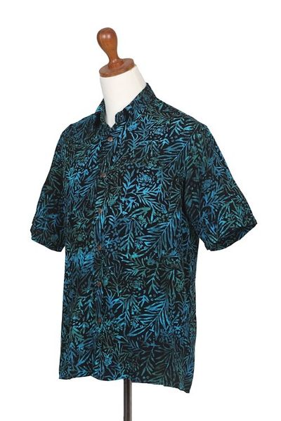Alternate image for Mens Rayon Shirt with Leafy Batik Print in Green and Blue Night Jungle
