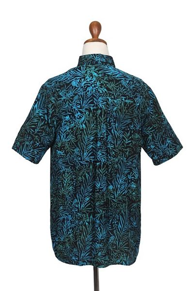 Alternate image for Mens Rayon Shirt with Leafy Batik Print in Green and Blue Night Jungle