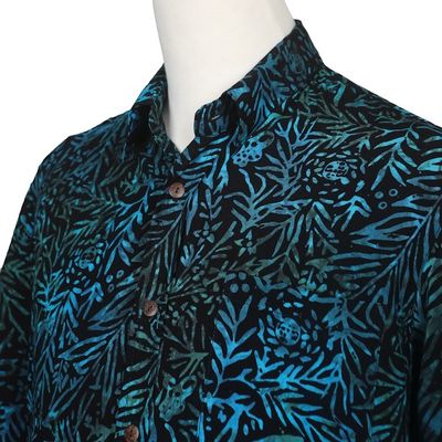 Alternate image for Mens Rayon Shirt with Leafy Batik Print in Green and Blue Night Jungle