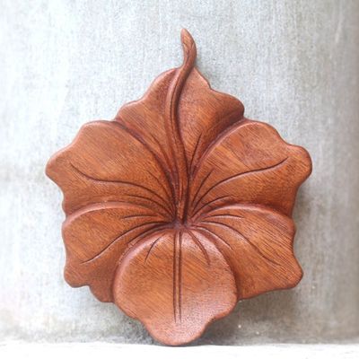 Alternate image for Balinese Hand Carved Hibiscus Flower Wood Relief Panel Single Hibiscus