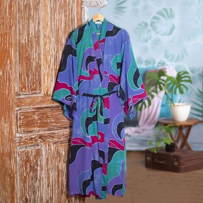 Alternate image for Womens Batik Patterned Robe Turquoise Ocean