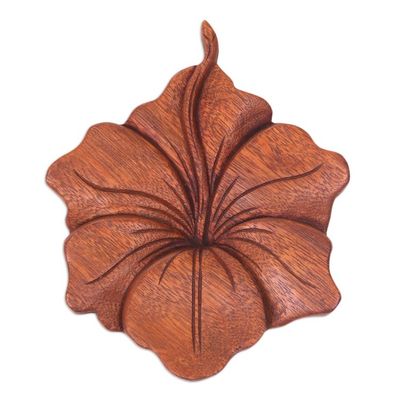 Alternate image for Balinese Hand Carved Hibiscus Flower Wood Relief Panel Single Hibiscus