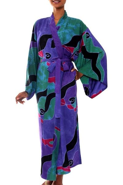 Alternate image for Womens Batik Patterned Robe Turquoise Ocean
