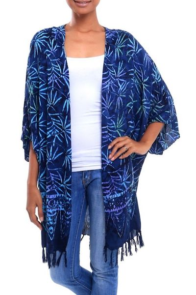 Alternate image for Leaf Motif Batik Rayon Kimono Jacket in Blue from Bali Denpasar Lady in Blue