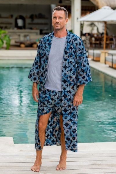 Alternate image for Mens Batik Cotton Robe Midnight Fireworks