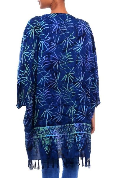 Alternate image for Leaf Motif Batik Rayon Kimono Jacket in Blue from Bali Denpasar Lady in Blue