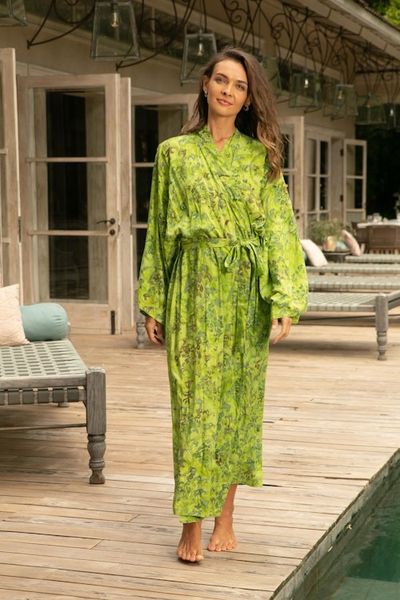 Alternate image for Hand Made Green Batik Robe Emerald Forest