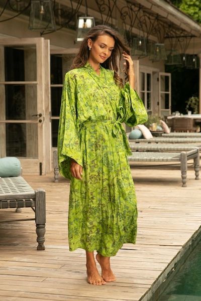 Alternate image for Hand Made Green Batik Robe Emerald Forest