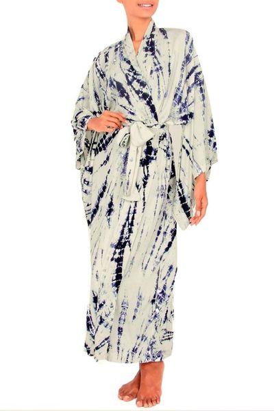 Alternate image for Womens Kimono Style Tie-dye Robe on Blue and Cream High Energy
