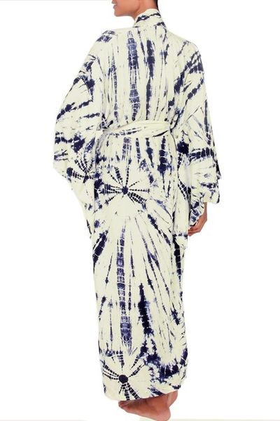 Alternate image for Womens Kimono Style Tie-dye Robe on Blue and Cream High Energy