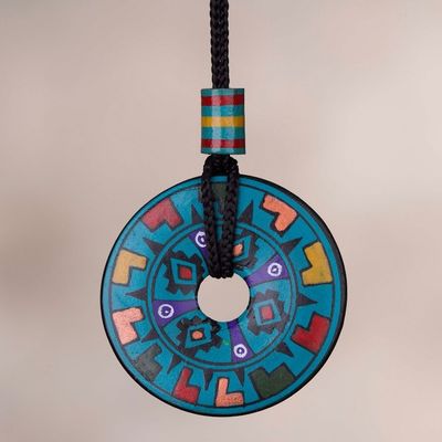 Alternate image for Hand Painted Blue Multicolored Ceramic Pendant Necklace Garden of the Sun