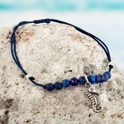 Alternate image for Lapis Lazuli Beaded Pendant Anklet with Seahorse Charm Royal Seahorse