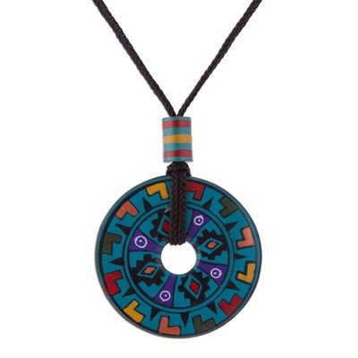 Alternate image for Hand Painted Blue Multicolored Ceramic Pendant Necklace Garden of the Sun