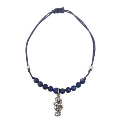 Alternate image for Lapis Lazuli Beaded Pendant Anklet with Seahorse Charm Royal Seahorse