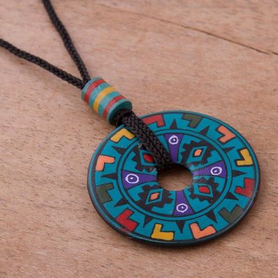 Alternate image for Hand Painted Blue Multicolored Ceramic Pendant Necklace Garden of the Sun