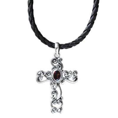 Alternate image for Sterling Silver and Garnet Religious Necklace Balinese Cross
