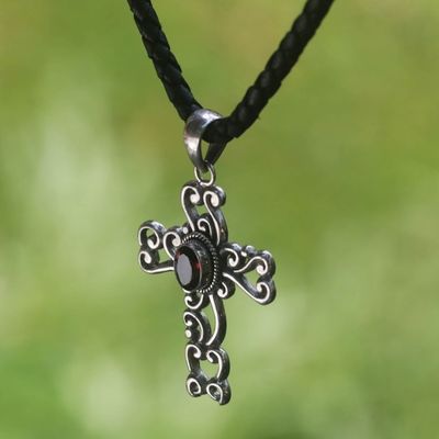 Alternate image for Sterling Silver and Garnet Religious Necklace Balinese Cross