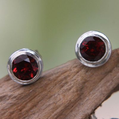 Alternate image for Genuine Garnet and Sterling Silver Stud Earrings from Bali Red Simplicity