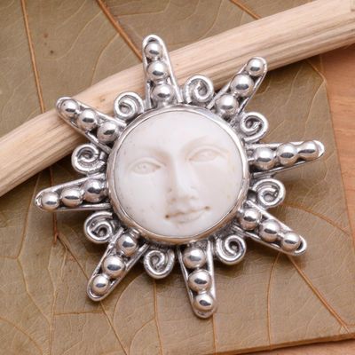 Alternate image for Carved Bone Sterling Silver Brooch Pin Smiling Moon