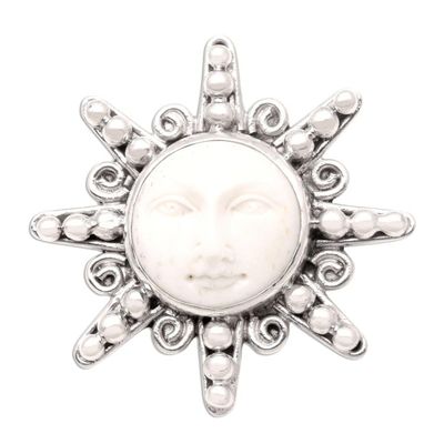 Alternate image for Carved Bone Sterling Silver Brooch Pin Smiling Moon