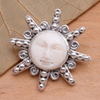 Alternate image for Carved Bone Sterling Silver Brooch Pin Smiling Moon