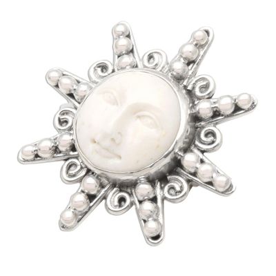 Alternate image for Carved Bone Sterling Silver Brooch Pin Smiling Moon