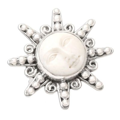 Alternate image for Carved Bone Sterling Silver Brooch Pin Smiling Moon