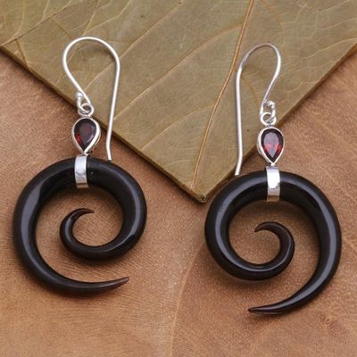 Alternate image for Swirl-Shaped Garnet and Dark Horn Dangle Earrings from Bali Shadow Swirls