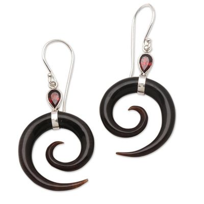 Alternate image for Swirl-Shaped Garnet and Dark Horn Dangle Earrings from Bali Shadow Swirls