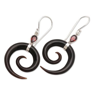 Alternate image for Swirl-Shaped Garnet and Dark Horn Dangle Earrings from Bali Shadow Swirls