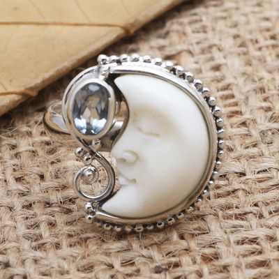 Alternate image for Blue Topaz and Sterling Silver Crescent Moon Ring Sleeping Moon