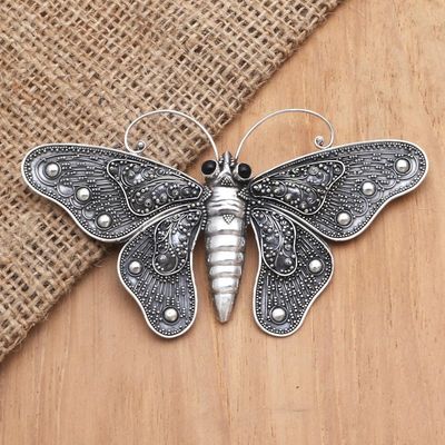 Alternate image for Sterling Silver and Onyx Butterfly Brooch Breathtaking Butterfly