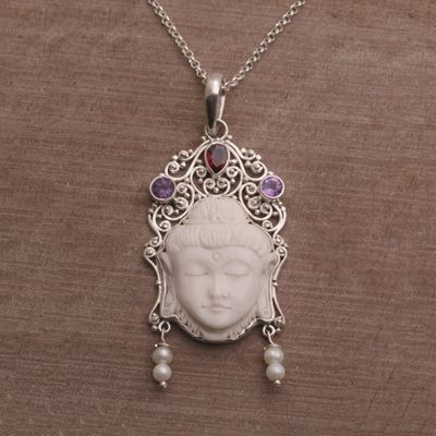 Alternate image for Multi-Gemstone Sterling Silver Buddha Necklace from Bali Buddhas Earrings