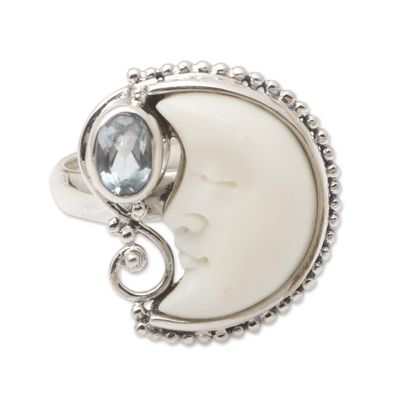 Alternate image for Blue Topaz and Sterling Silver Crescent Moon Ring Sleeping Moon