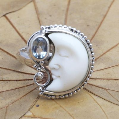 Alternate image for Blue Topaz and Sterling Silver Crescent Moon Ring Sleeping Moon