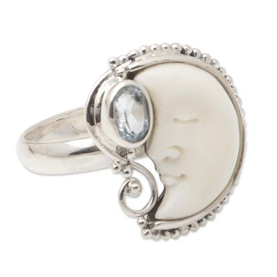 Alternate image for Blue Topaz and Sterling Silver Crescent Moon Ring Sleeping Moon