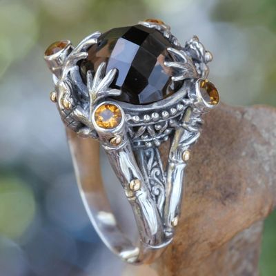 Alternate image for Smoky Quartz Sterling Silver Ring with Gold Accents Tropical Frogs